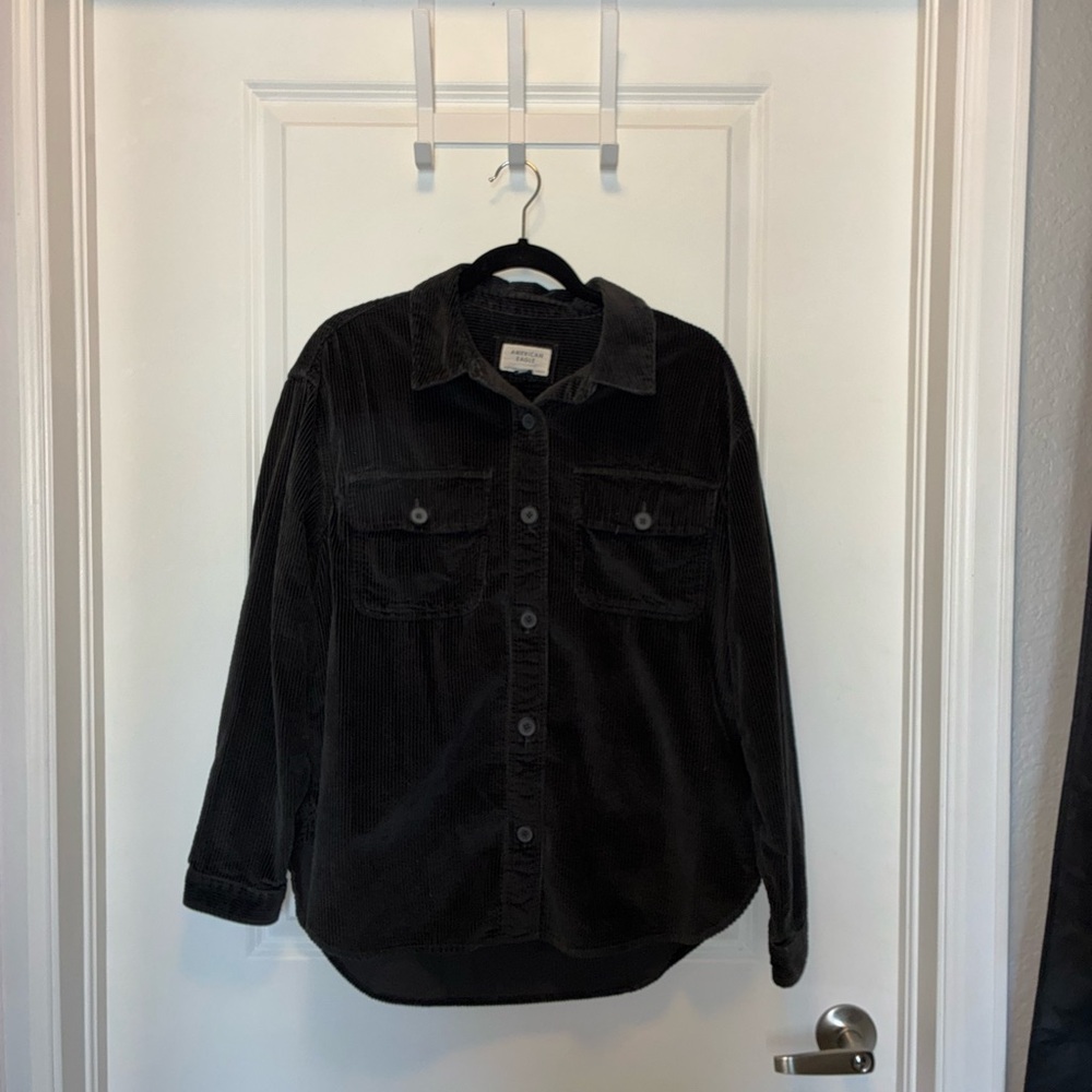 American Eagle Oversized Corduroy Button Up Shirt Small Black Shacket Boho